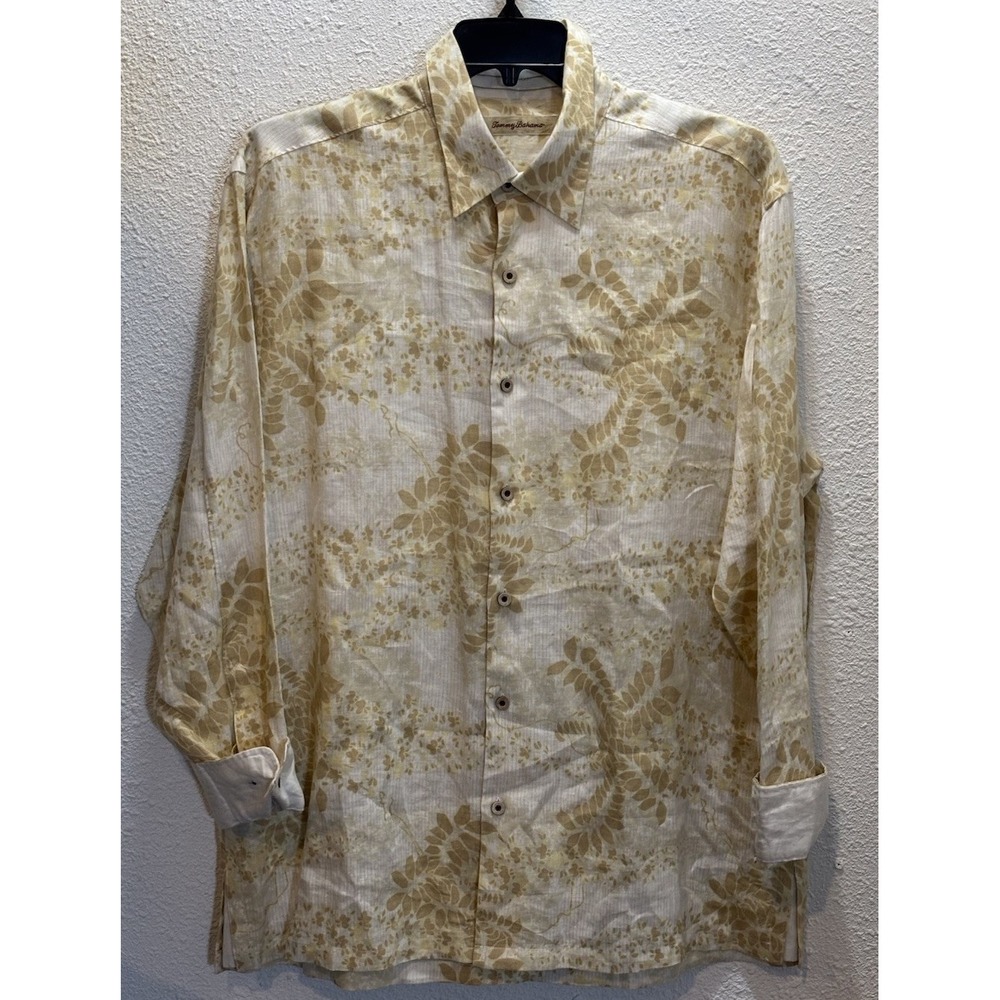 Tommy Bahama Mens XL 100% Linen Shirt Ivory Gold Floral Button Up T32486